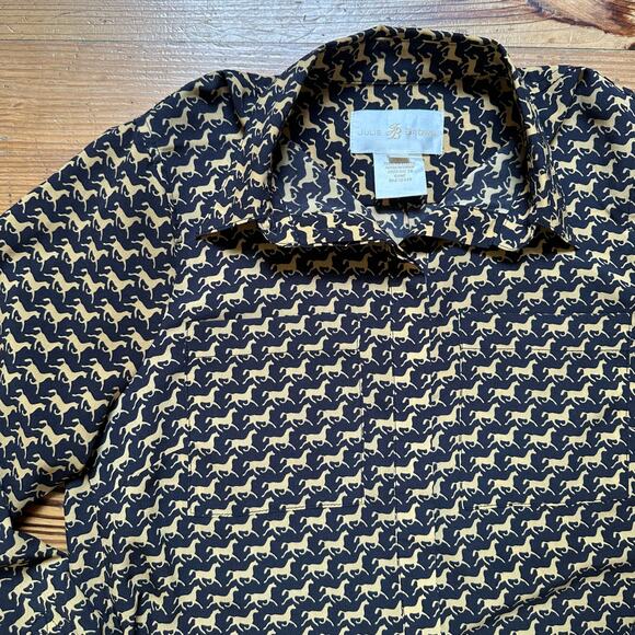 Julie Brown black with cream horse pattern, long sleeve button up shirt SIZE 6 - Picture 4 of 5